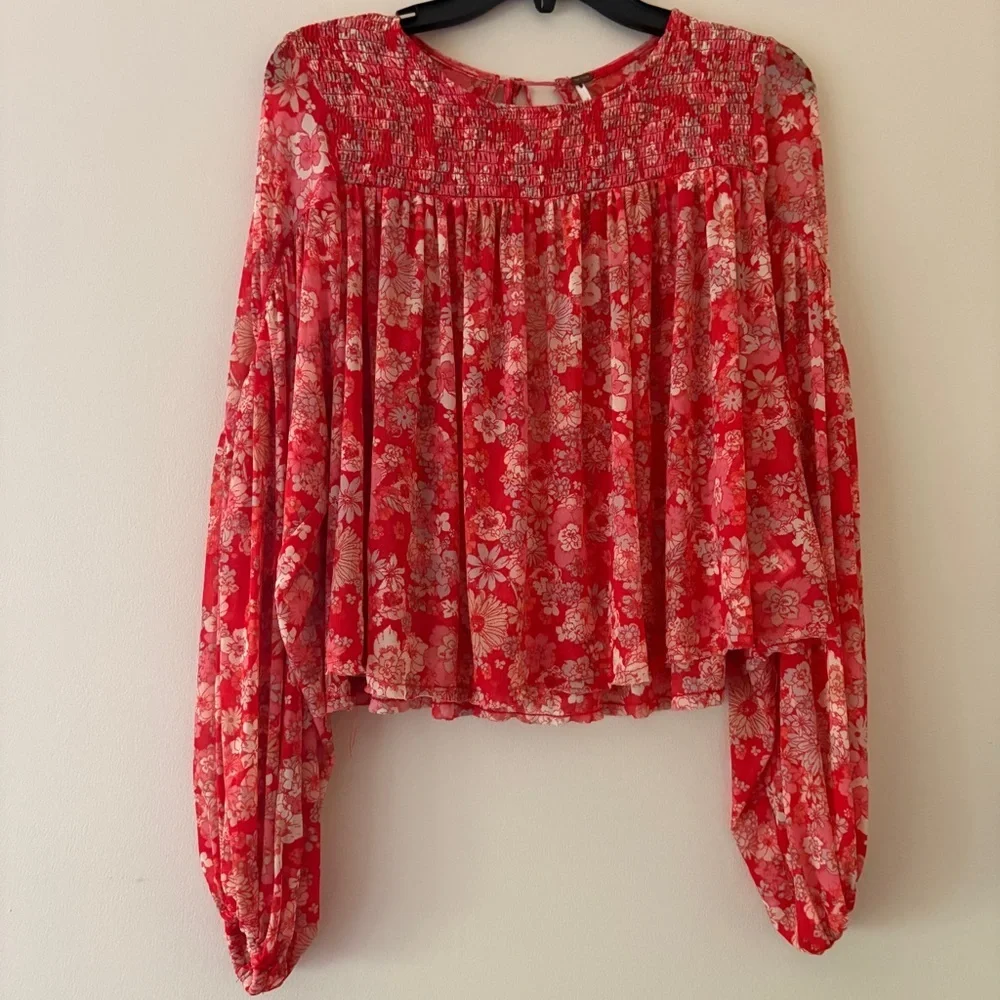 Free People Floral Smocked Peasant Blouse Boho Long Sleeve Sheer Top M